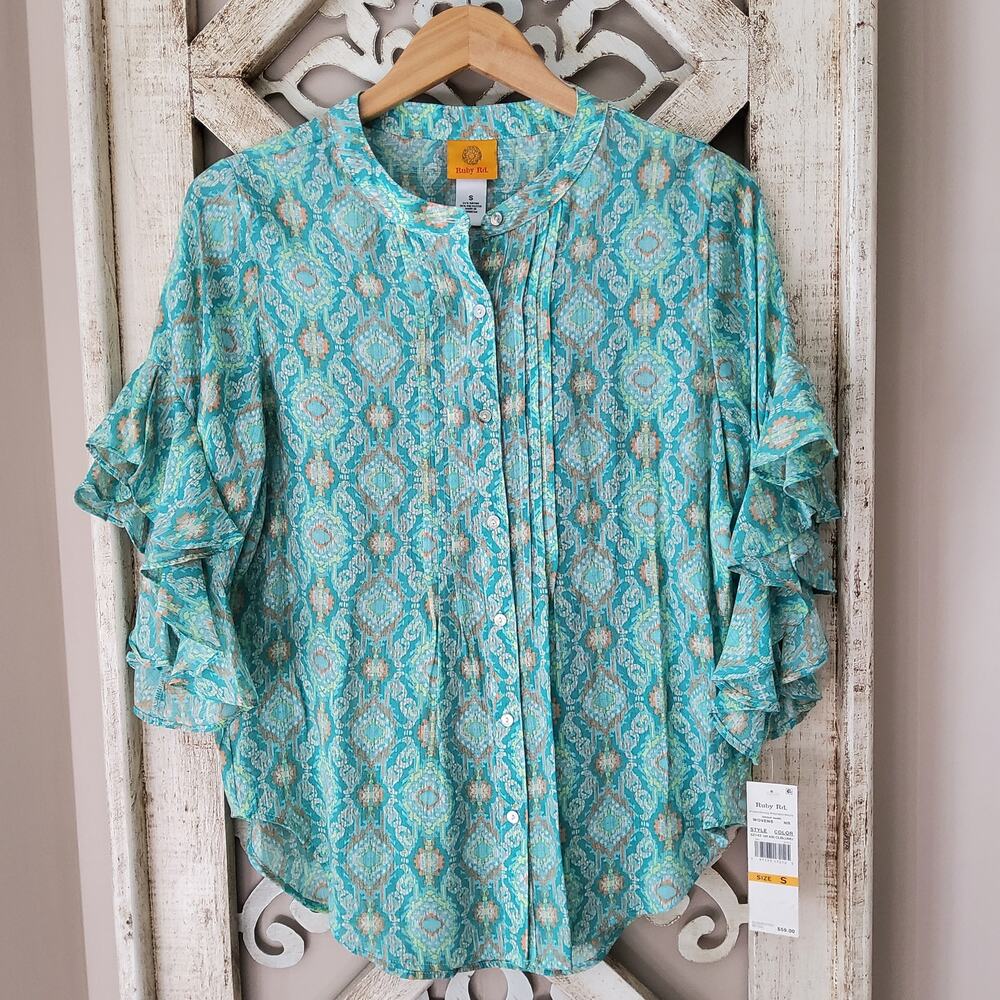 Ruby Rd Ikat Ruffle Sleeve Blouse Small Boho Retro Lightweight Top - Picture 8 of 12